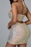 Fashion Sexy Halter Neck Bandage Backless Sequins Skirts Sets CCY9459
