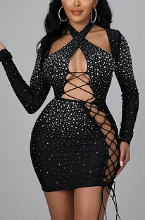 Sexy Hollow Out Hip Long Sleeve Bodycon Hot Drilling Bandage Mini Dress CCY9496