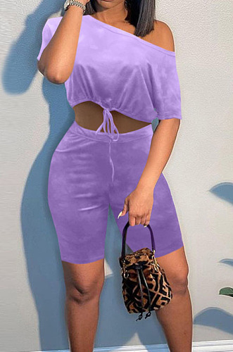 Simple Women Pure Color Off Shoulder Short Sleeve Crop Tops High Waist Shorts Casual Suit WP009