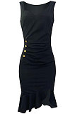 Women Sleeveless Pure Color Sexy Ruffle Buttons Stringy Selvedge Midi Dress TL6632