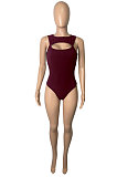 Women Solid Color Hollow Out Tight Sexy Bodysuit Q8015