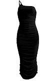 Women Ruffle Sexy One Shoulder Pure Color Long Dress Q8012