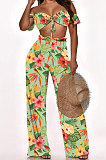 Women Strapless Printing Tied Stringy Selvedge Mid Waist Long Pants Sets Q8010