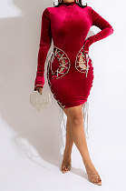 Euramerican Women Long Sleeve Velvet Hip Hollow Out Bandage Mini Dress CCY9592
