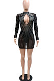 Sexy Hollow Out Perspectivity Hot Drilling Hip Backless Long Sleeve Mini Dress CCY9501