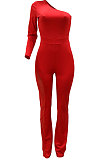 Fashion Casual Oblique Shoulder Pure Color Bling Bling Side Perspectivity Casual Jumpsuit CCY9505