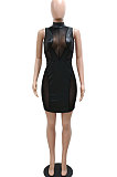 Euramerican Fashion Round Collar Perspectivity Hip Mesh Spaghetti Spliced Mini Dress CCY9504