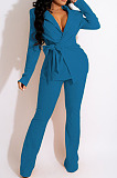 Hot Sales Stylish Women Long Sleeve V Neck Bandage Tops Wide Leg Pants Solid Color Businss Suit AMX6070