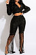 Euramerican Women Fashion Sequins Short Tops Casual Net Cloth Spliced Shorts Sets CCY9503