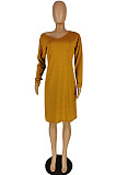 Casual Simple Women Solid Color Long Sleeve V Neck Loose Dress E8649