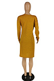 Casual Simple Women Solid Color Long Sleeve V Neck Loose Dress E8649