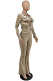 Wholesale New Women Velvet Long Sleeve Lapel Neck Front Botton Cardigan Tops Flare Pants Fashion Suit AMX6072