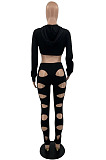 Casual Sexy Women Long Sleeve Crop Tops Hollow Out Skinny Pants Solid Color Sets OEP6320