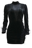 Sexy Fashion Feather Collect Waist Velvet Skinny Mini Dress CCY9526