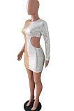 Night Club Sexy Sequins Matching Color Long Sleeve Round Neck Dew Waist Bodycon For Party Hip Dress JLX3520