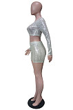 High Quality Sexy Luxe Sequins Long Sleeve Round Neck Crop Tops Shorts Casual Suit LS6313