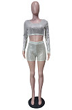 High Quality Sexy Luxe Sequins Long Sleeve Round Neck Crop Tops Shorts Casual Suit LS6313