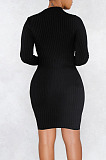 Women Ribber Long Sleeve High Neck Personality Single-Breasted Slim Fitting Solid Color Hip Dress LS6320