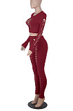 Women Solid Color Hollow Out Crop Fashion Casual Pants Sets WMZ0099