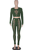 Women Solid Color Hollow Out Crop Fashion Casual Pants Sets WMZ0099