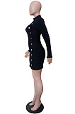 Women Ribber Long Sleeve High Neck Personality Single-Breasted Slim Fitting Solid Color Hip Dress LS6320