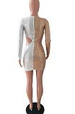 Night Club Sexy Sequins Matching Color Long Sleeve Round Neck Dew Waist Bodycon For Party Hip Dress JLX3520
