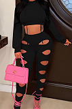 Casual Sexy Women Long Sleeve Crop Tops Hollow Out Skinny Pants Solid Color Sets OEP6320