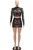 Euramerican Fashion Long Sleeve Perspectivity Sexy Sequins Skirts Sets CCY9529