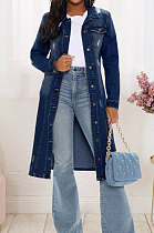 Fashion Women Hole Long Sleeve Lapel Neck Single-Breasted Cardigan Jeans Long Coat JLX3523