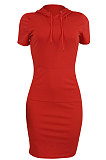Euramerican Women Fashion Casual Hoodie Solid Color Split Mini Dress ED8363