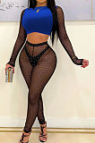 Euramerican Women Sexy Color Matching Long Sleeve Short Top Mesh Spaghetti Perspectivity Long Pants Sets XZ5561