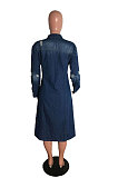 Fashion Women Hole Long Sleeve Lapel Neck Single-Breasted Cardigan Jeans Long Coat JLX3523