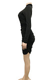 Euramerican Women Solid Color Long Sleeve Hollow Out Irregular Bandage Mini Dress XZ5558