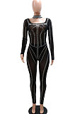Trendy Sexy Casual A Word Collar Bling Bling PerspectivityBodycon Jumpsuits  CCY9536
