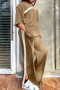 Women Loose Casual Patchwork Short Sleeve T-Shirt Tops Slit Wide Leg Pants Sport Suits FH174
