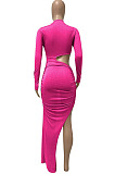 Elegant Sexy Women Long Sleeve O Neck Hollow Out Ruffle Slit Party Bodycon Dress WX031