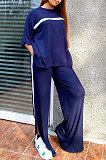 Women Loose Casual Patchwork Short Sleeve T-Shirt Tops Slit Wide Leg Pants Sport Suits FH174