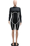 Euramerican Fashion Casual Pure Color Spliced Bodycon Long Sleeve Romper Shorts CCY9565