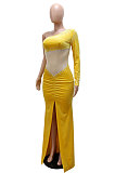 Euramerican Fashion Velvet Spliced Mesh Spaghetti Sexy Irregular Split Long Dress CCY9547