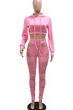 Fashion Casual Simplee Pure Color Hollow Out Hoodie Crop Pants Sets CCY9553