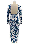 Euramerican Long Sleeve Printing Bodycon Backless Lady Long Dress KZ2155