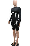 Euramerican Fashion Casual Pure Color Spliced Bodycon Long Sleeve Romper Shorts CCY9565