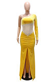 Euramerican Fashion Velvet Spliced Mesh Spaghetti Sexy Irregular Split Long Dress CCY9547
