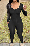 Sexy New Women Long Sleeve V Neck Fron Ruffle Solid Color Bodycon Jumpsuits FH187