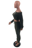 Wholesal Cotton Women Long Sleeve Off Shoulder Bowknot Crop Tops Trousres Casual Sets HMR6089