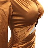 Fashion Women Sexy Pure Color Long Sleeve Hollow Out Ruffle Hip Mini Dress XZ5583