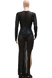 Euramerican Sexy Perspectivity Mesh Spaghetti Hot Drilling Spliced Irregular High Split Long Dress CCY9606