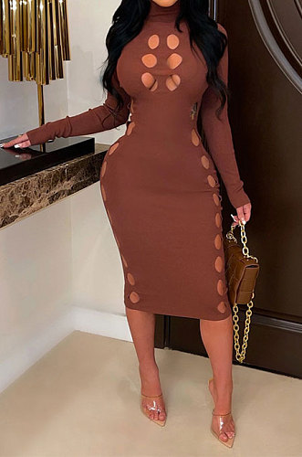 Euramerican Trendy Hollow Out Long Sleeve Sexy Hip Midi Dress CCY9604