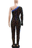 Trendy Sexy Women Oblique Shoulder Sequins PU Hip Skinny Bodycon Jumpsuits CCY9585
