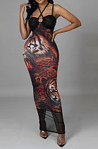 Trendy Casual Condole Belt Halter Neck Tiger Printing Perspectivity Hip Split Long Dress CCY9574